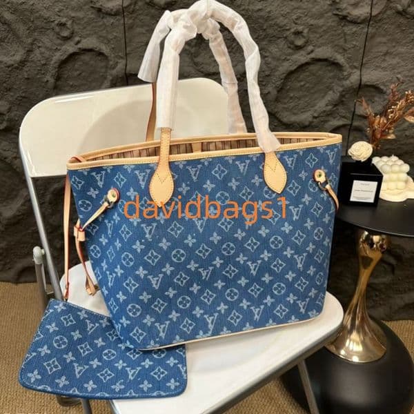 Luxury Denim Monogram Tote Bag with Pouch - Large Capacity Shopping Handbag for Women