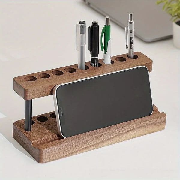 Retro Wooden Holder Office Desk Stationery Pen Storage Multi Functional All in One Mobile Phone Stand 260325