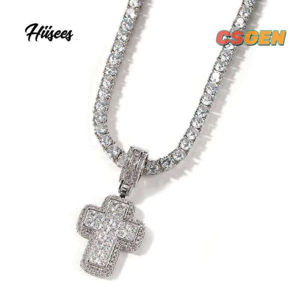 Hiphop Christian Jewelry Platinum Plated Micro Pave Baguette Moissanite Chain Necklace Classic Iced Out Jesus Cross Pendant Jewelry