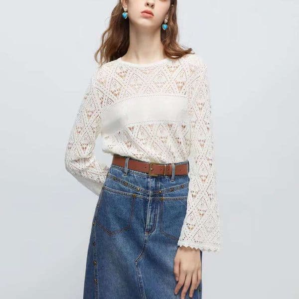 2026 Spring New Designer Fashion Elegant Hollow Brand Same Round Neck Off Shoulder Long c1 Sleeve Knitted Sweater