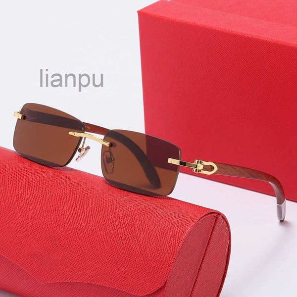 Rectangle Trendy Frameless Unisex Sunglasses Lightweight Design for Small Face Wooden Temples u0026 Red Box