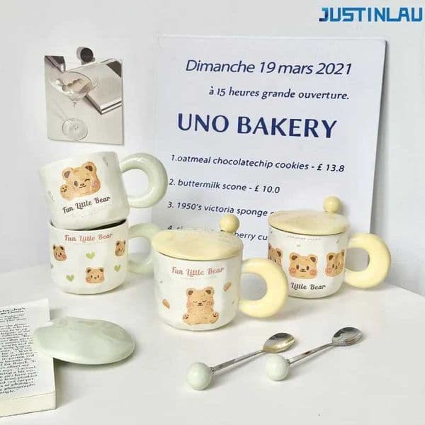 JUSTINLAU Cartoon Butter Teddy Bear Cup Couple Ceramic Cup Suitable for Girls High-value Mug with Lid Spoon Office Water Cup X260325
