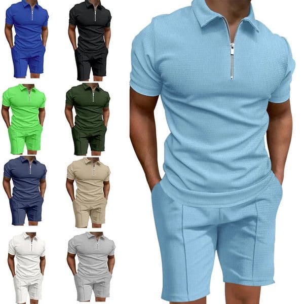 Summer 2 Piece Mens Polo Shirt Set Solid Color Waffle Short-sleeved Slim-fit Lapel T-shirt Casual Shorts Pants 260324