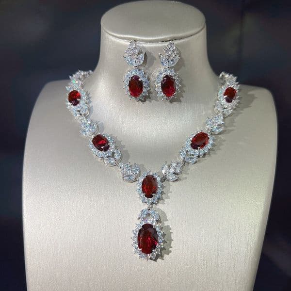 Pendant Necklaces Zircon Simulation Ruby Necklace Stud Earrings Open Ring Women's Full Diamond Jewelry Set