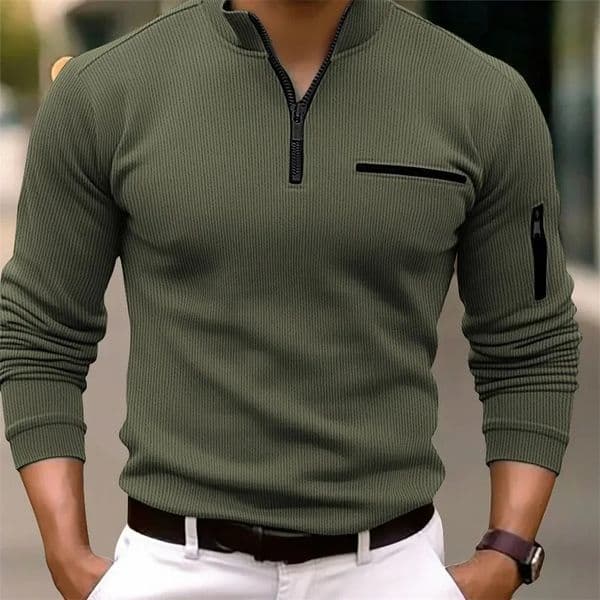 light y light mature casual men sports retro style striped zipper arm fashion men outdoor long sleeve POLO shirt 260325BJ