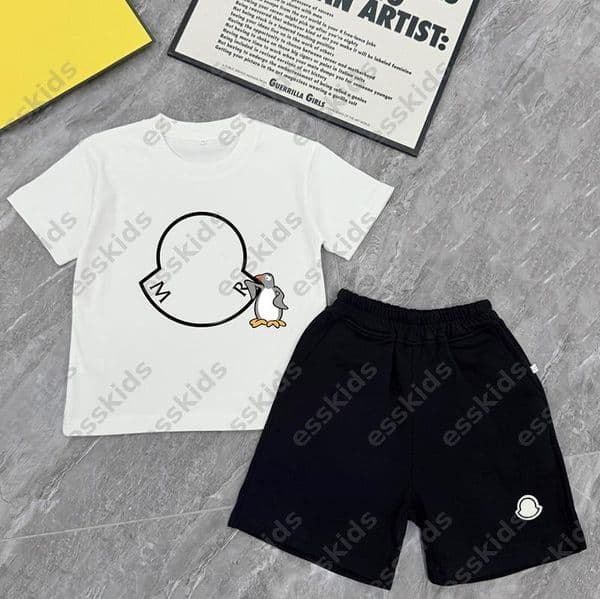 Kids Short Sleeve T Shirt and Shorts Set Cute Penguin Print Casual Outfit Summer Breathable Cotton Blend Two Piece Suit for Boys and Girls DLD2603251