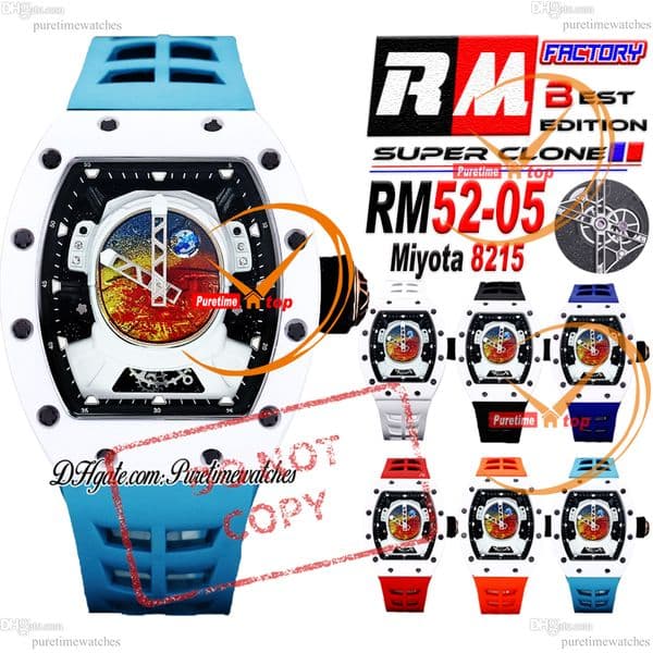 52-05 Pharrell Williams Type Wheel Miyota Automatic Mens Watch RMF White Ceramics Skeleton Dial Blue Rubber Strap Puretimewatches CHS Reloj Hombre B06