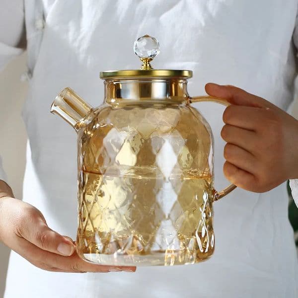 Glass Tea Kettle With Bamboo Lid And Removable Filter Spout Champagne Teapot For Loose Leaf Blooming Tea And Fruit Tea 1/18L 260320