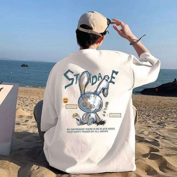 8XL Men Oversize Korean Fashion Loose American Love Puppet Rabbit Print Short Sleeve Round Neck Versatile Trend Couple outfit S260325