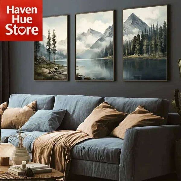 3Pcs/Set Modern Green Landscape Retro Watercolor Mountain Lake Wall Art Oil Painting Canvas Poster Living Room Home Decornoframe 26Y0325
