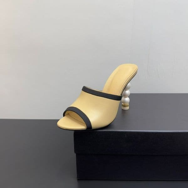 10ALuxury Pearl Heel Leather Mules designer women almond toe high heel sandals summer fashion simple ladies beach shoes