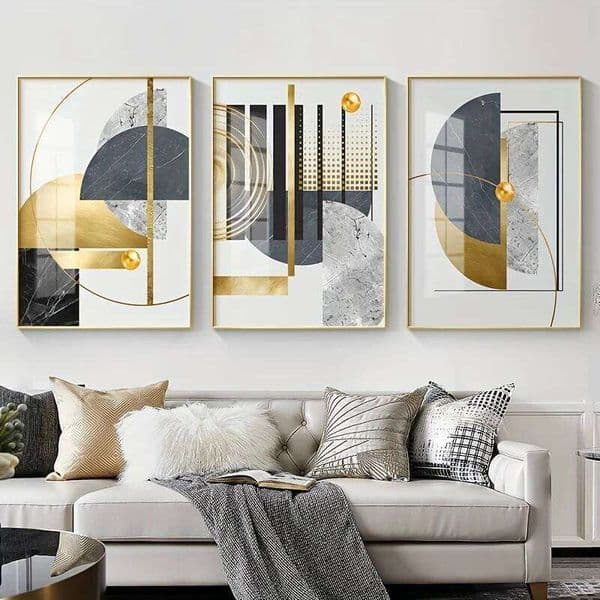 3pcs/set Golden Abstract Geometric Canvas Prints Minimalist Vibrant Marble Wall Art Posters for Modern Living Room Home Decor 26Y0325