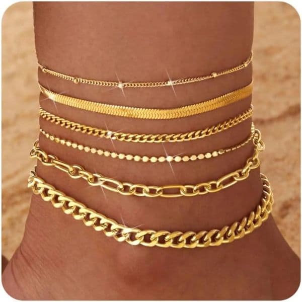 6PCS Ankle Bracelets for Women 14K Gold-plated Anklets Stainless Steel Cuban Link Chain Anklet Set Layered Beach Jewelry Gift 260323