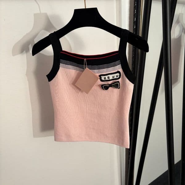 Luxury Striped Knitted Camisole Tees Bowknot Design Slim Knitted Vest Birthday Party Letter Knits For Women