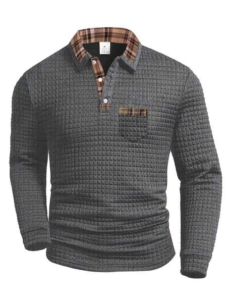 Spring and Autumn Fashion New mens outdoor casual checkered pocket polo shirt with collar and muscle design long sve L260325