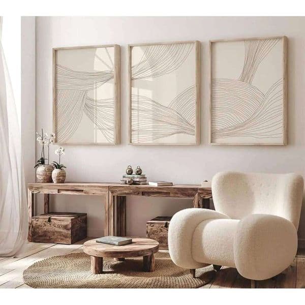 3 Pcs/Set Modern Abstract Wall Arts Beige Bohemian Canvas Mid-Century Piece Posters Geometric Line Printed Painting, No Frame 26Y0325