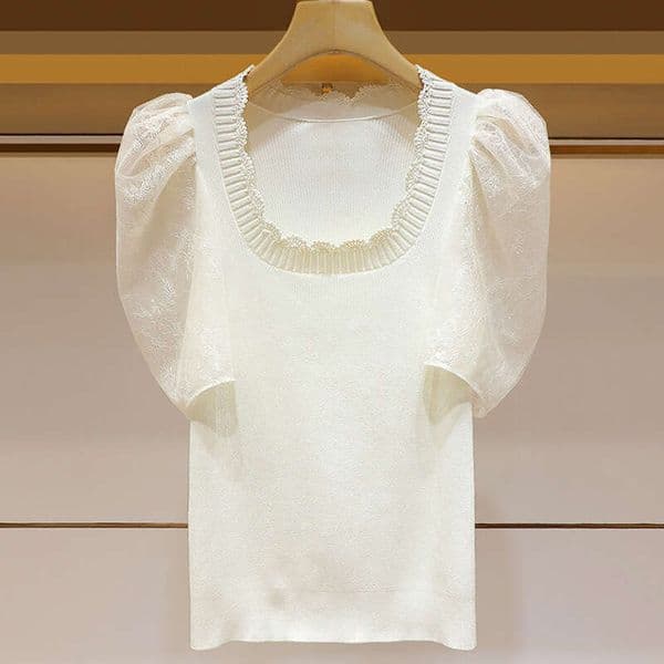 2026 Spring/Summer New Designer Bubble Short Sleeve Square Neck Lace Black Thin Knitted S18 Women's Elegant Top