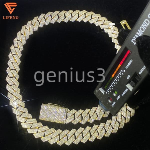 Lifeng Jewelry 15mm 18k Gold Plated Cuban Link Chain Iced Out Hiphop Miami Sterling Silver VVS Moissanite Cuban Chain Necklace
