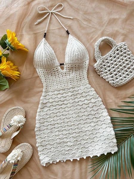 Womens VNeck Strapless Dress Hollow Out Wooden Bead Slim Fit Gradient Color Knitted Sexy Vacation Wear 260316