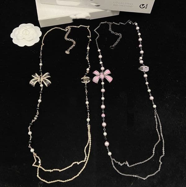Luxurious designer letter C Necklaces 25B black pink enamel bow double layer sweater chain Correct logo high quality