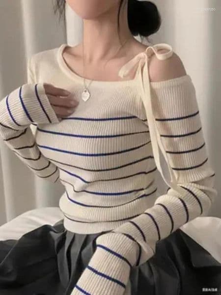 Women's Sweaters 2026 Elegant Off-Shoulder Sweater T-Shirt Black White Striped With Adjustable Lace-Up Fall Winter Casual Chic Top