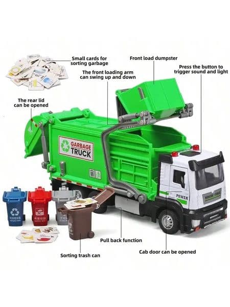 istic Garbage Truck Toy Set with Trash Can STEM Learning Cards 6 Years Interactive Pull-Back Vehicle for Boys Girls 260323BJ