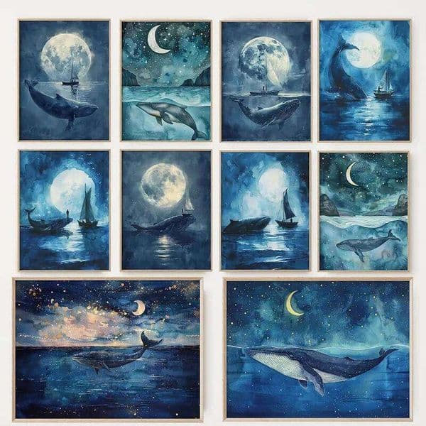 Celestial Moom Night Humpback Watercolour Poster Whale and Boat Canvas Painting Wall Art for Living Room Home Decoratio 26Y0325