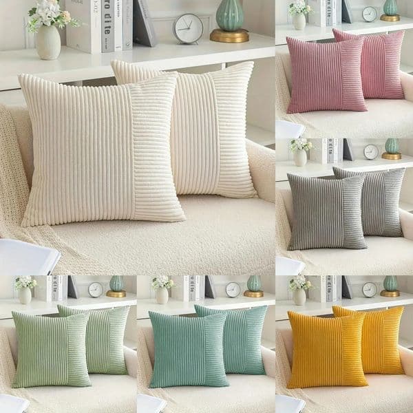 Beige Striped Patchwork Corduroy Throw Pillow Cover 18x18 Soft Plush Couch Cushion Cover for Sofa Cozy Modern Pillowcase 260325