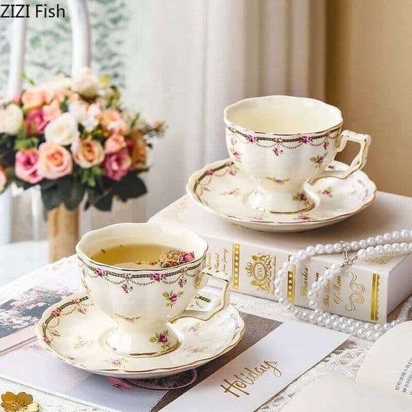 Golden Edge Ceramic Cup&saucer Pattern Floral Coffee Mug Dining Table Milk Mugs Afternoon Tea Teacup Fruit Juice Container 26Y0326
