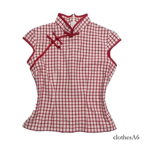 New Chinese Style Women Red Plaid Qipao Top Mandarin Collar Frog Button Slim Fit Retro Oriental Blouse 2026