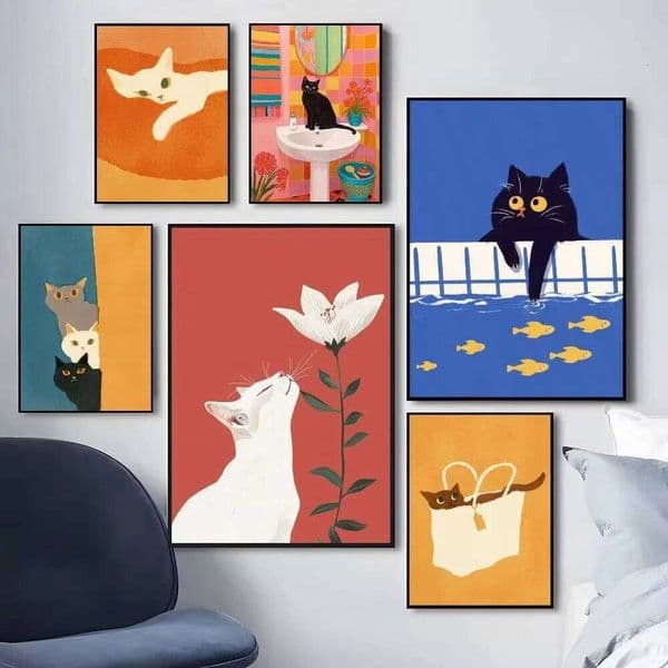1pc Colorful Cute Cat in the Canvas Poster Waterproof Cafe Bar Fashion Room Decoration Wall Art posters unframe 26L0326