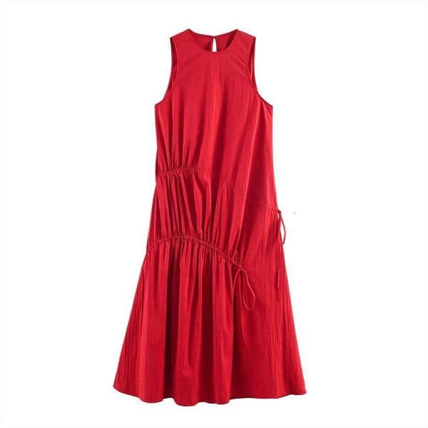 2026 New Arrival Womens French Simple and Elegant Fitted Round Neck Sleeveless Nylon Bow Decor Midi Dress X260326