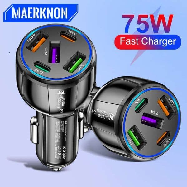 PD 75W 5-Port USB Charger Fast Charging Car C-Type Phone Adapter Suitable For Iphone 14, 13, 12 Xiaomi, Huawei,