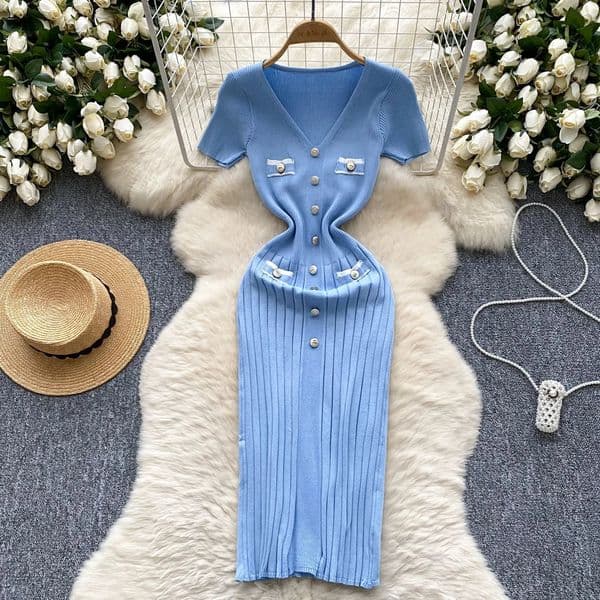 YuooMuoo Chic Fashion Sexy Wrap Hips Knitted Dress Women V-neck Short Sleeve Bodycon Pleated Sweater Dress Office Lady Vestios 260326