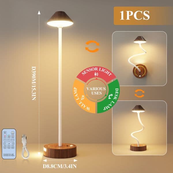 3-in-1 Wooden Motion Sensor Lamp Magnetic Floor/Wall/Desk Lamp Remote Dimmable Bedroom Bedside Ambience Night Light