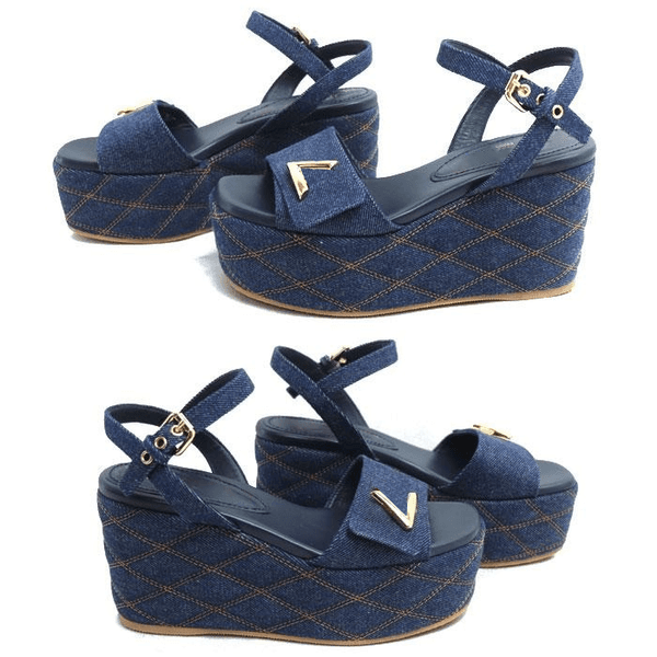 Luxury denim quilted Gladiator designer sandal Platform shoe for woman canvas Leather High heels slipper wedge sandale Top quality outdoor Summer Pool beach shoes