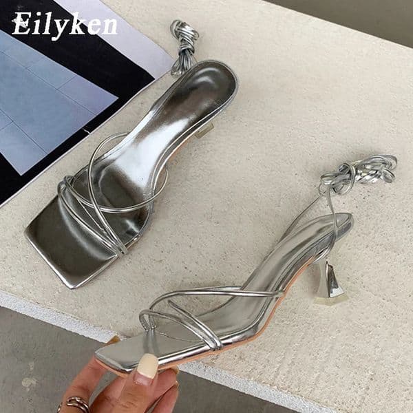 Eilyken Summer Fashion Silver Narrow Band Women Sandals Square Toe Gladiator Ankle Lace-up Casual Thin Low Heels Shoes 260325