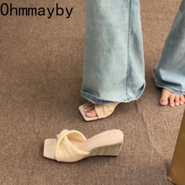 Weave Height Increase Women Slippers Ladies Elegant Wedges Heel Dress Slides 2026 Summer Open Toe Womens Shoes 260325