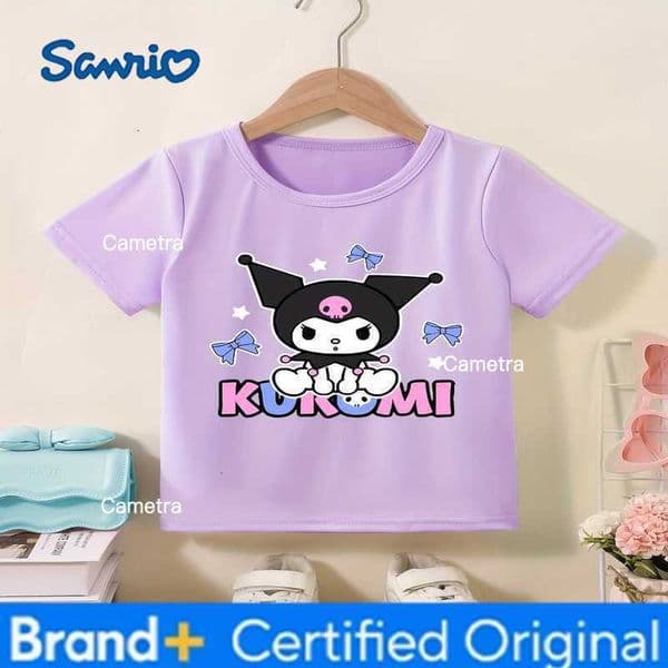 Sanrio Summer Baby Girls Clothes Kid Kuromi Printed T-shirts Children Cartoon Solid Cotton Short Sleeve Top Outfits H260326