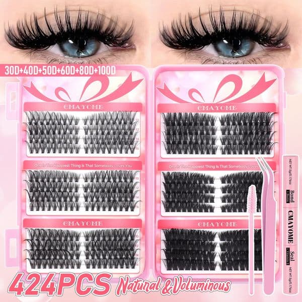 Natural Thick DIY Segmented Eyelash Extensions for Women 424Pcs DIY Cluster Lashes Kit with Lash Bond & Seal Handmade Reusable D Curled Grafted Lashes