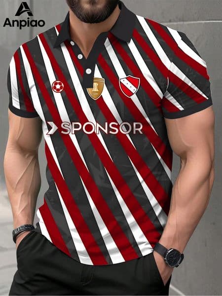 Custom Red Black Stripe Polo Soccer Jersey Men's Short Sleeve Football Uniform with Team Emblem