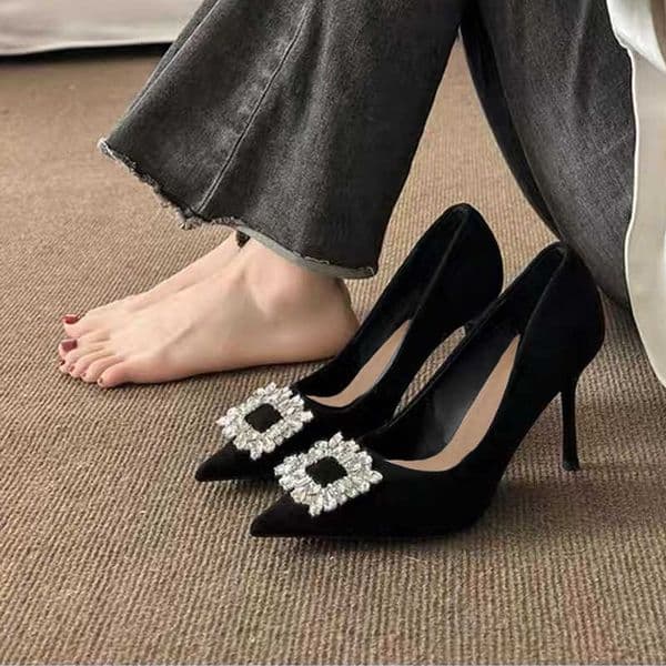 Black Pure Desire High Heels Womens Thin Heels 2025 New Rhinestone Pointed Toe French Professional Work Single Shoes Commuting Womens Shoes K260326