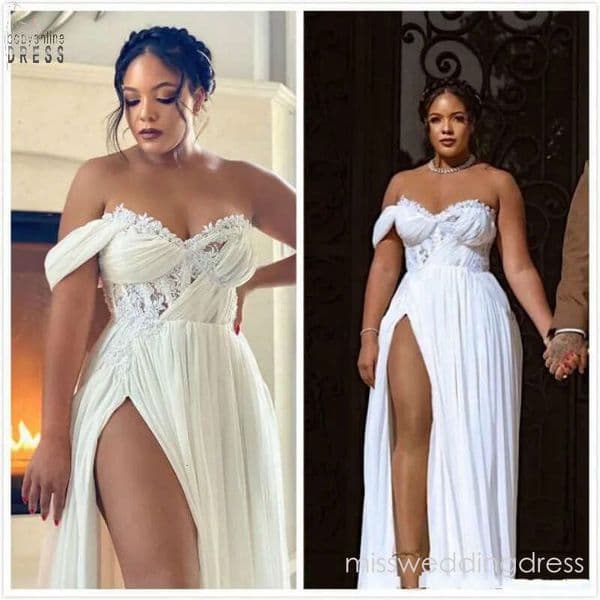 Arabic Plus Size Beach Chiffon Off Shoulder A Line Side Split Bridal Dresses Beaded Lace Wedding Gowns M05