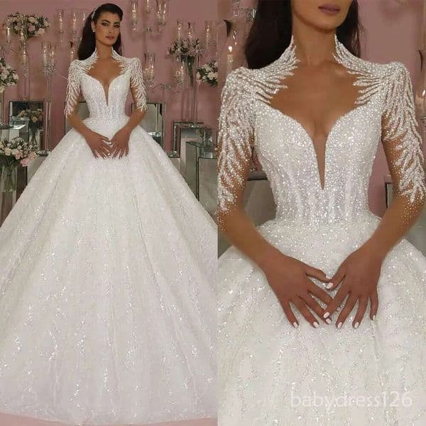 Wedding Dresses Ball Gown V-Neck Sequins Long Sleeve Or-Length Princess Bride Dress Vestido De Novia Custom Made ZD19