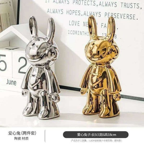 Silver Rabbit Heart Statue Desk Accessories Bedroom Home Decoration Luxury Living Room Decorative Figurines for Interior 26H0326