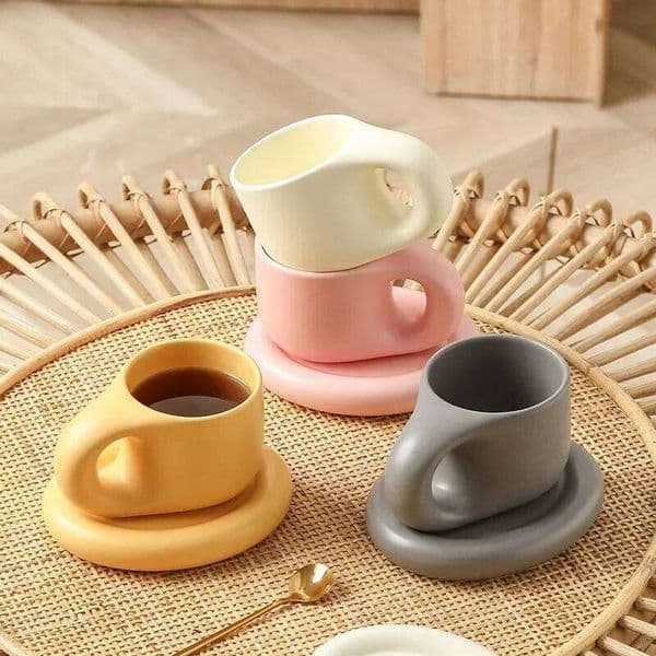 1set 400ml Ceramic Coffee Chubby Mug Set Creative Cute Fat Handle Cup With Saucer For Office And Home Room Decor 26Y0326