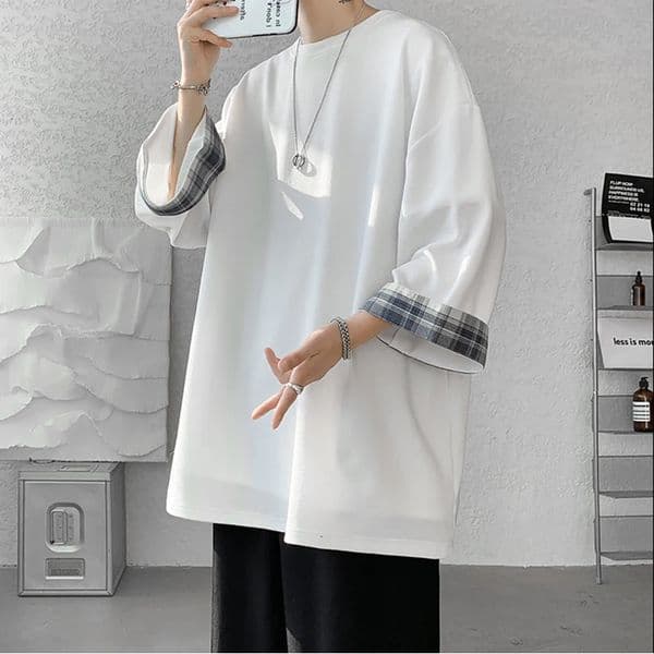 men t shirts Summer Mens Tshirts Women Oversized 2XL Korean Style Loose Plaid Tshirt Casual Seven sleeves TShirt Male White 260326