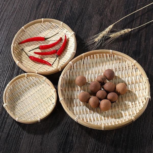 Handmade Weave Storage Tray Bamboo Sieve Round Dustpan Plate Snack Fruit Bread Basket Decorative Kitchen Storage Tray Organizer 260325