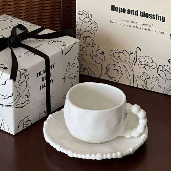 Irregular White Pearl Coffee Cups and Plates, High-end French Afternoon Tea Cups, Holiday Birthday Souvenirs 26Y0326