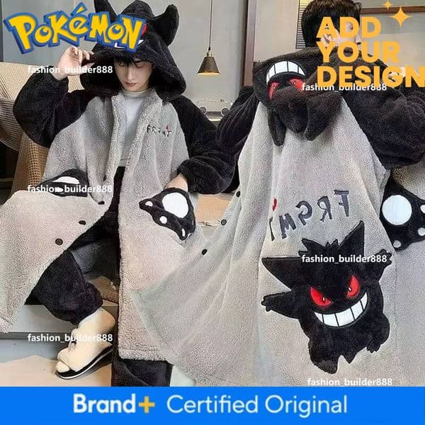 Gengar Pajamas Suit Anime Pokemon Winter Coral Fleece Nightgown Large Size Of Thickened Warm Cartoon Men Hooded Home Suit Set